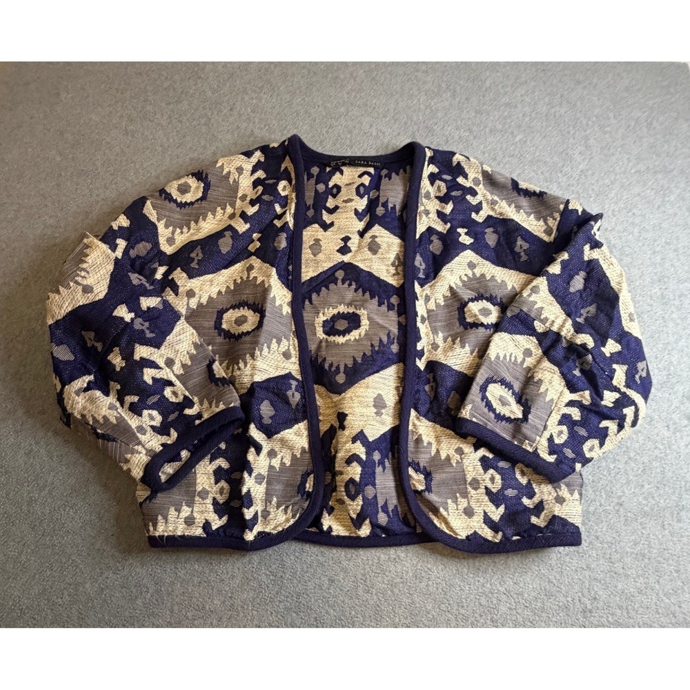 Zara Basic Womens Blue Ikat Tribal Jacquard Open Front Cropped Jacket Cardigan S
